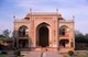 India: The red sandstone western gateway with its prominent iwan (portico) at the tomb of I'timad-ud-Daulah, Agra